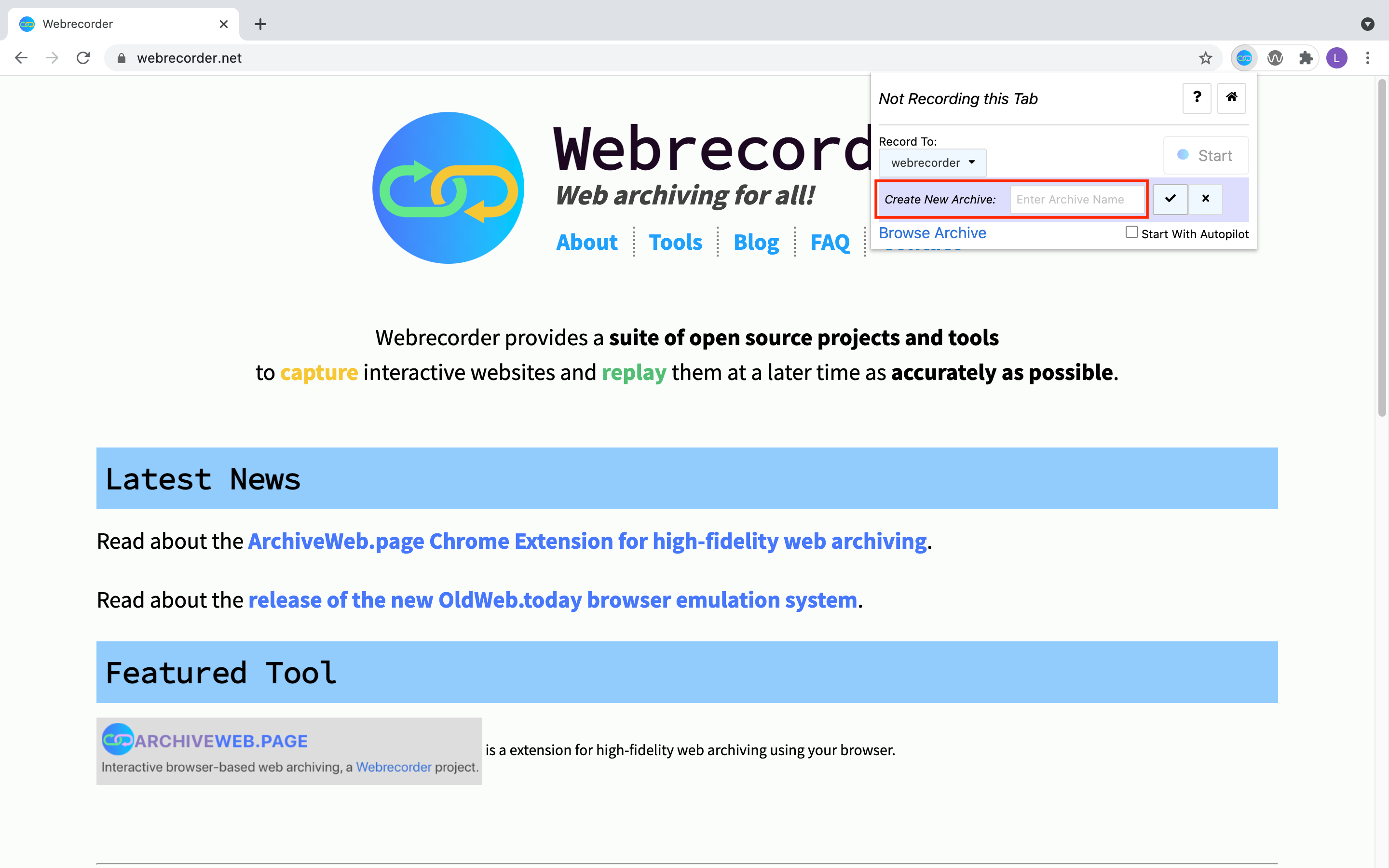 Screenshot of archiveweb.page's extension with the Create New Archive interface
