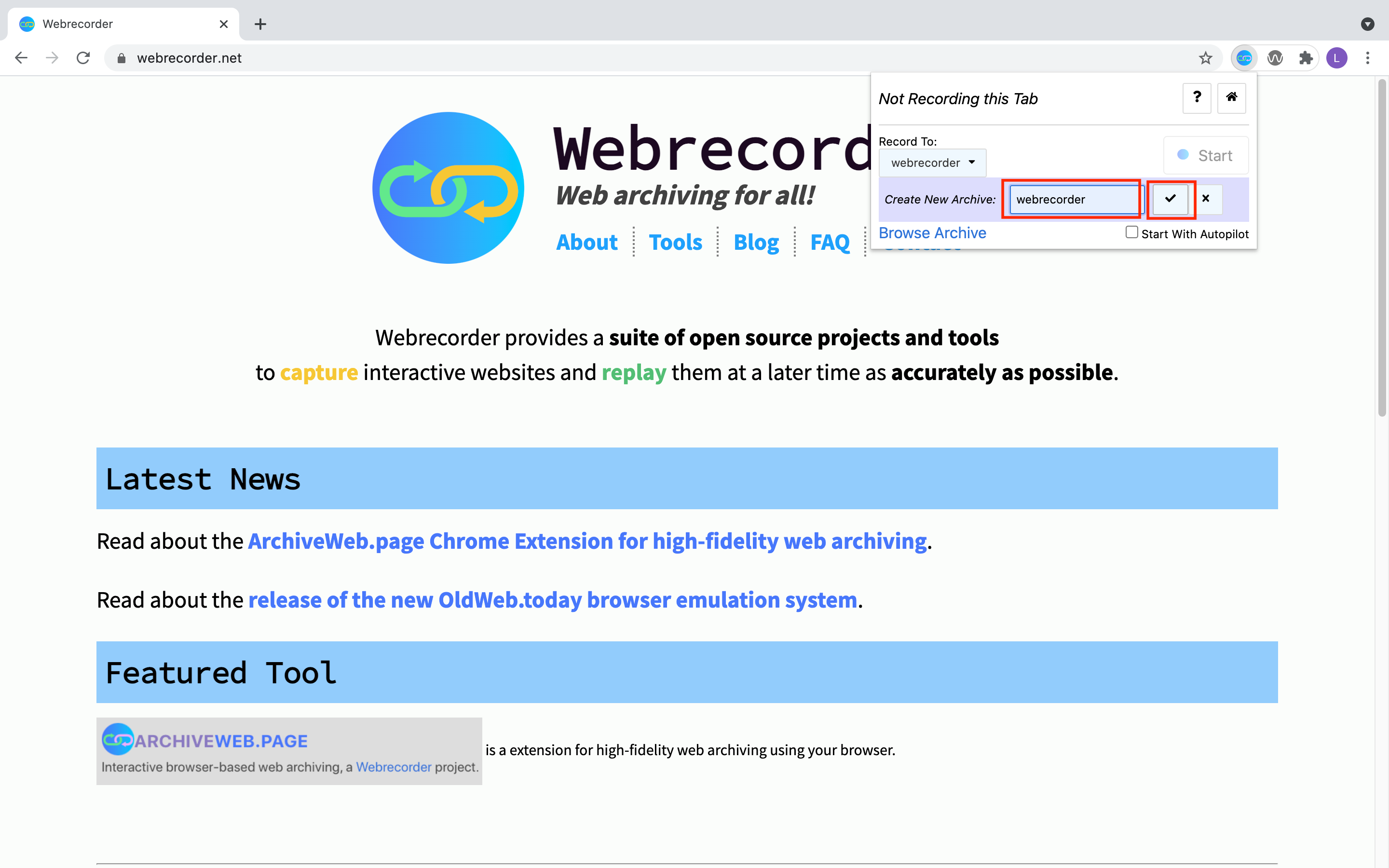 Screenshot of archiveweb.page's extension with the interface