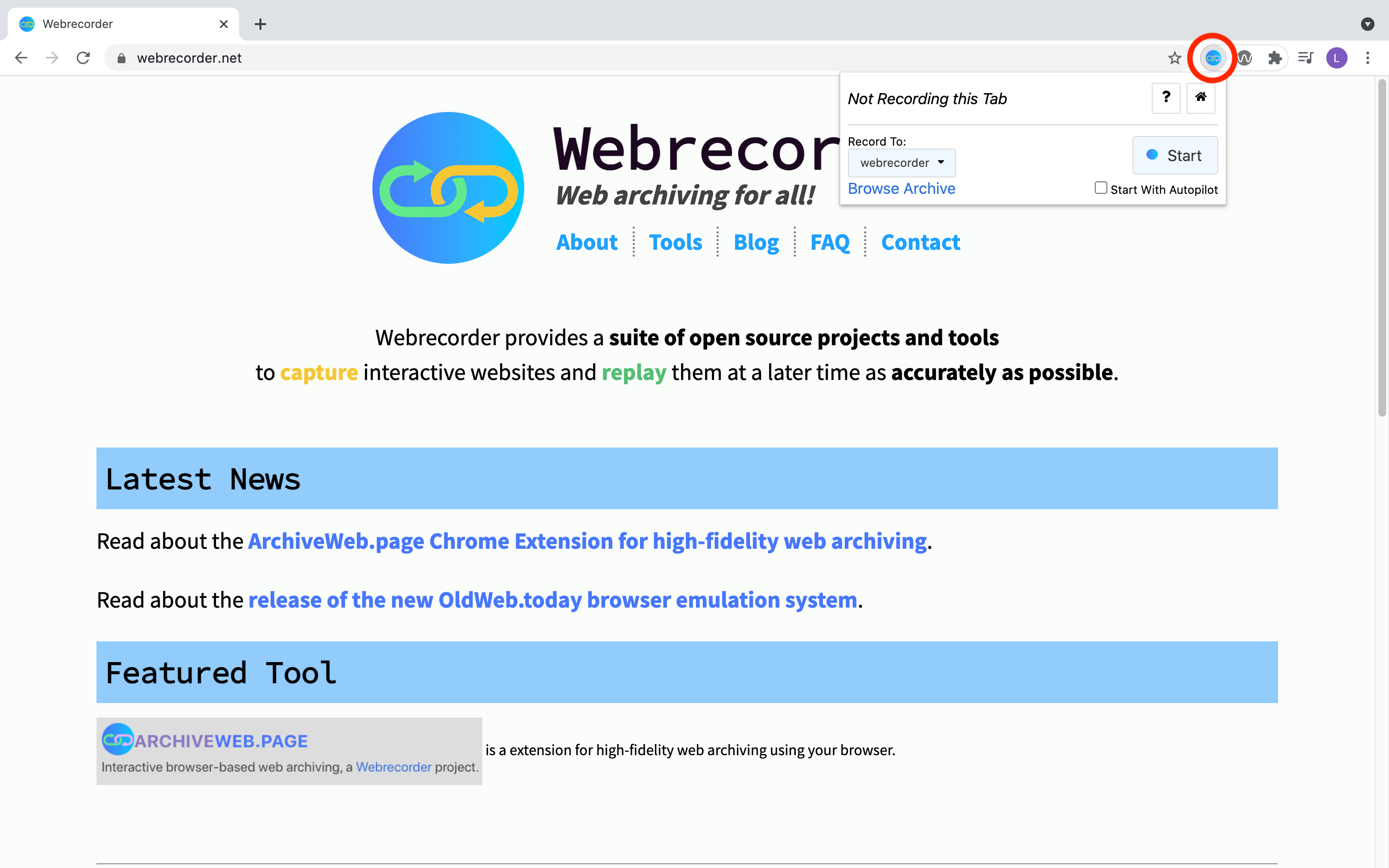 Screenshot of the webrecorder website with the archiveweb.page icon circled red