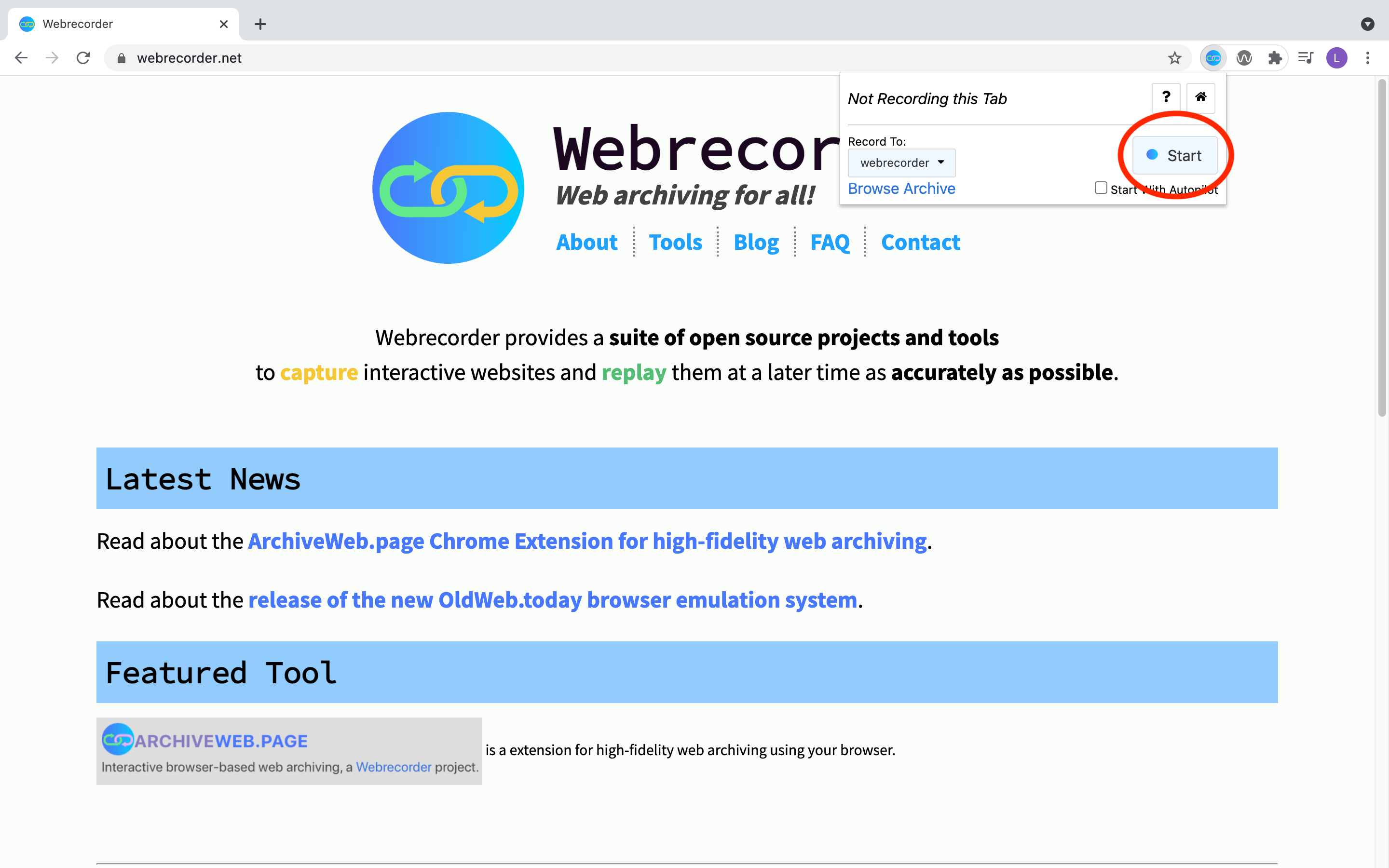 Screenshot of the webrecorder website with the start button circled red