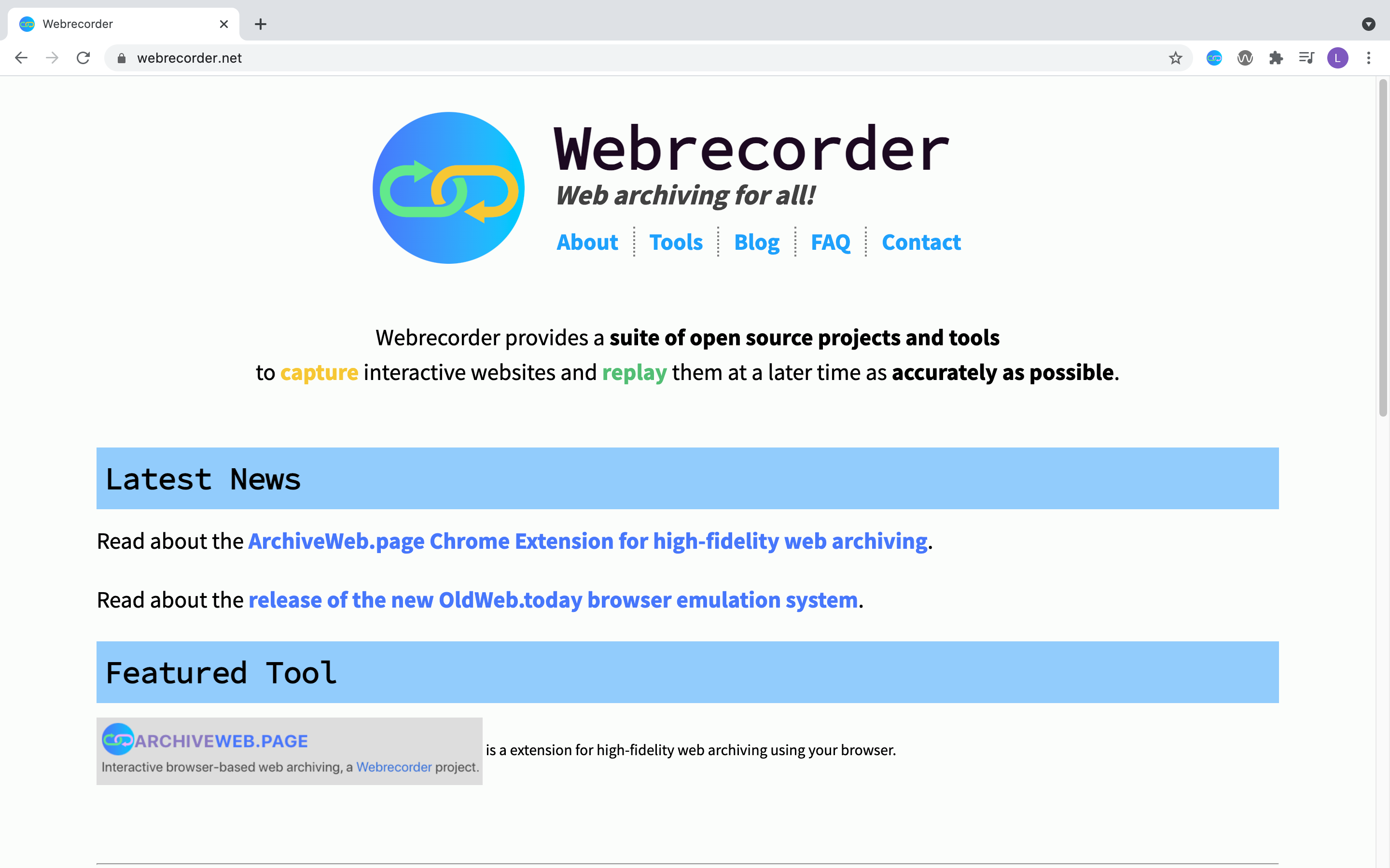 Screenshot of the webrecorder website