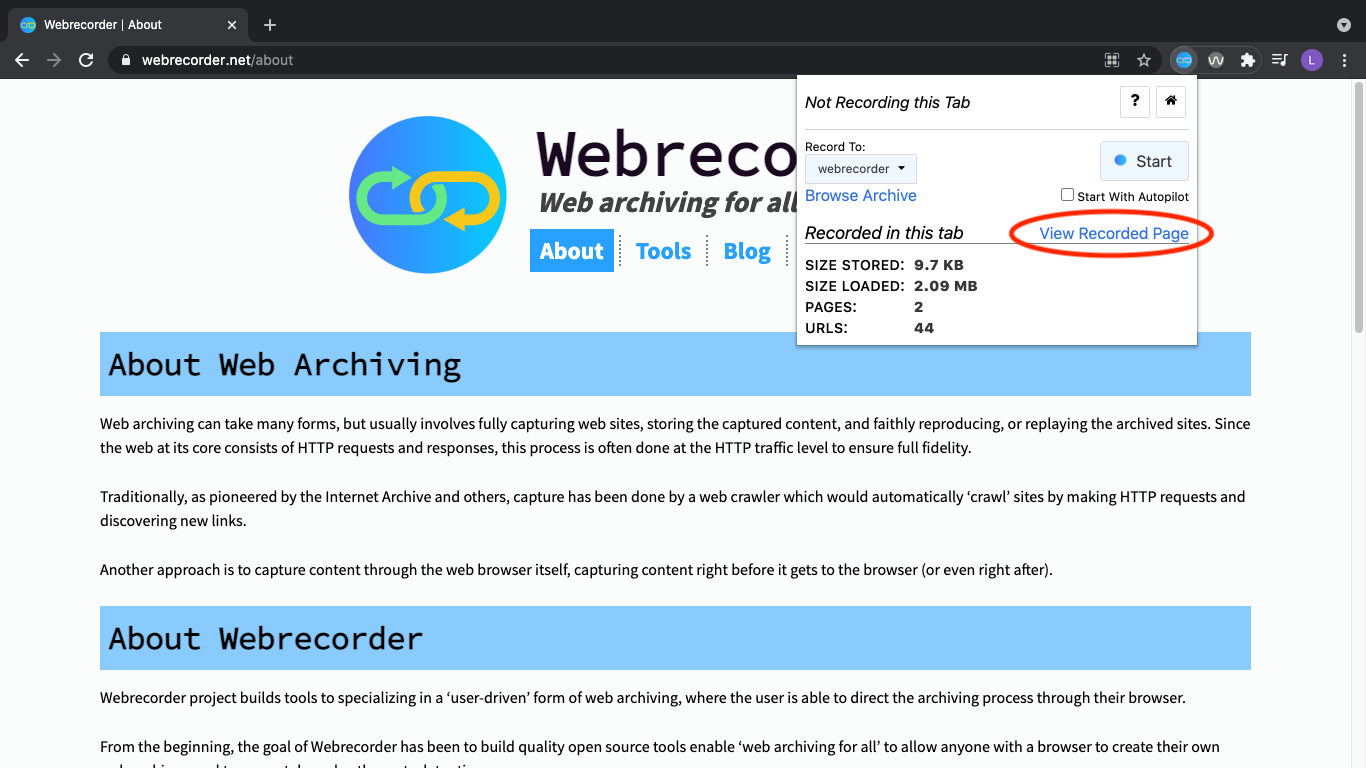 Screenshot of archiveweb.page extension interface over the webrecorder website.